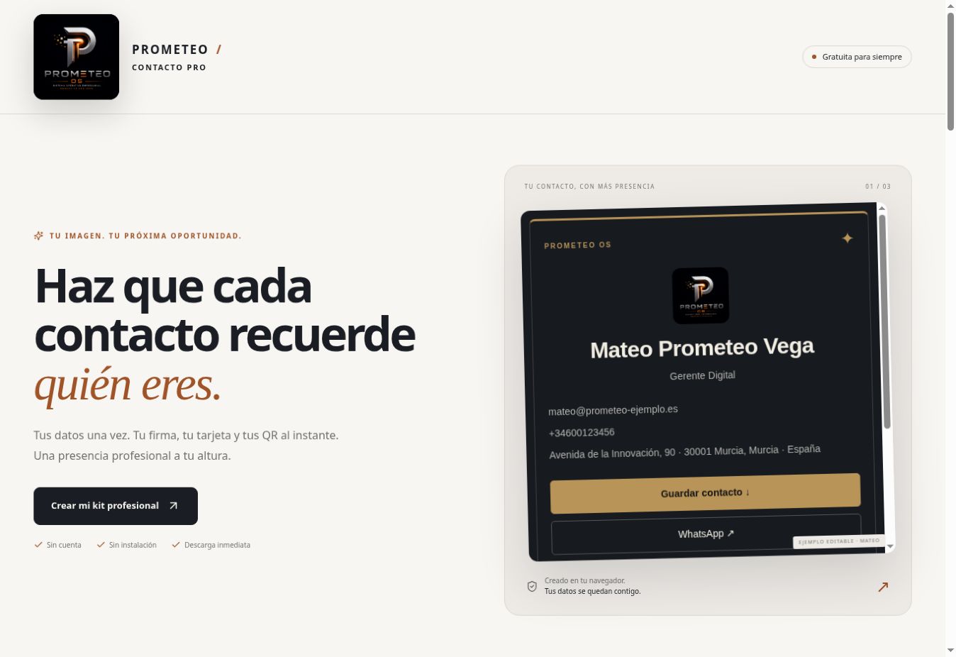 Captura real de Contacto Pro: presentación de la herramienta y tarjeta digital de ejemplo de Mateo, con logo, datos de contacto y botones para guardar el contacto y abrir WhatsApp.